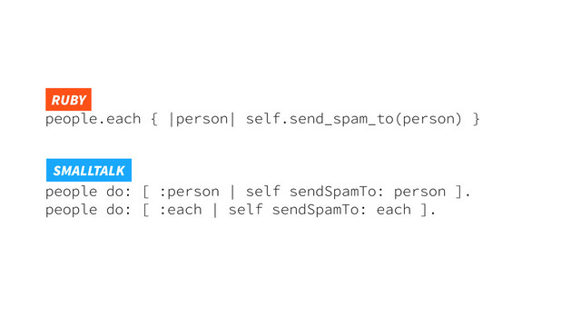 people.each { |person| self.send_spam_to(person) }
people do: [ :person | self sendSpamTo: person ].
people do: [ :each | self sendSpamTo: each ].
RUBY
SMALLTALK
