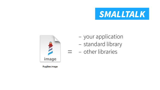 Smalltalk
SMALLTALK
– your application
– standard library
– other libraries
=
