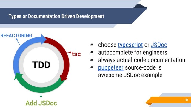 Types or Documentation Driven Development
41
tsc
Add JSDoc
TDD
▰ choose typescript or JSDoc
▰ autocomplete for engineers
▰ always actual code documentation
▰ puppeteer source-code is
awesome JSDoc example
REFACTORING

