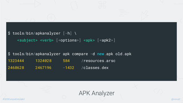@nisrulz
#GDDEuropeExtended
APK Analyzer
$ tools/bin/apkanalyzer [-h] \
  []  []
$ tools/bin/apkanalyzer apk compare -d new.apk old.apk
1323444 1324028 584 /resources.arsc
2468628 2467196 -1432 /classes.dex
