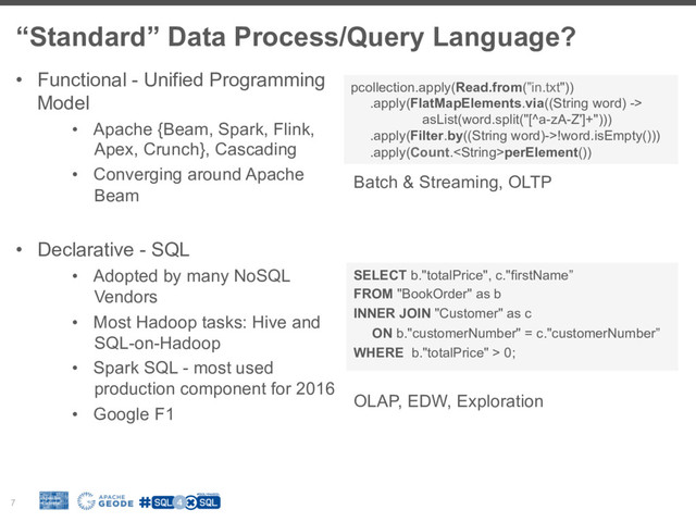 “Standard” Data Process/Query Language?
7
•  Functional - Unified Programming
Model
•  Apache {Beam, Spark, Flink,
Apex, Crunch}, Cascading
•  Converging around Apache
Beam
•  Declarative - SQL
•  Adopted by many NoSQL
Vendors
•  Most Hadoop tasks: Hive and
SQL-on-Hadoop
•  Spark SQL - most used
production component for 2016
•  Google F1
pcollection.apply(Read.from(”in.txt"))
.apply(FlatMapElements.via((String word) ->
asList(word.split("[^a-zA-Z']+")))
.apply(Filter.by((String word)->!word.isEmpty()))
.apply(Count.perElement())
SELECT b."totalPrice", c."firstName”
FROM "BookOrder" as b
INNER JOIN "Customer" as c
ON b."customerNumber" = c."customerNumber”
WHERE b."totalPrice" > 0;
Batch & Streaming, OLTP
OLAP, EDW, Exploration
