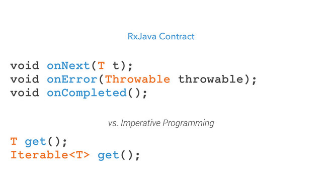 RxJava Contract
void onNext(T t);
void onError(Throwable throwable);
void onCompleted();
T get();
Iterable get();
vs. Imperative Programming
