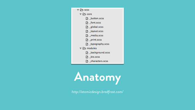 Anatomy
http://atomicdesign.bradfrost.com/
