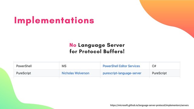 Implementations
https://microsoft.github.io/language-server-protocol/implementors/servers
No Language Server
for Protocol Buffers!
