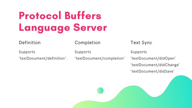 Protocol Buffers
Language Server
Definition
Supports
`textDocument/definition`.
Completion
Supports
`textDocument/completion`
Text Sync
Supports
`textDocument/didOpen`
`textDocument/didChange`
`textDocument/didSave`
