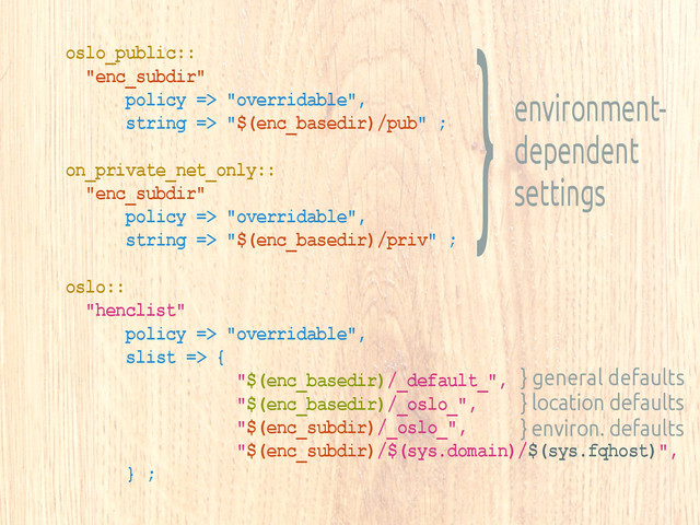 oslo_public::
"enc_subdir"
policy => "overridable",
string => "$(enc_basedir)/pub" ;
on_private_net_only::
"enc_subdir"
policy => "overridable",
string => "$(enc_basedir)/priv" ;
oslo::
"henclist"
policy => "overridable",
slist => {
"$(enc_basedir)/_default_",
"$(enc_basedir)/_oslo_",
"$(enc_subdir)/_oslo_",
"$(enc_subdir)/$(sys.domain)/$(sys.fqhost)",
} ;
}environment-
dependent
settings
} general defaults
} location defaults
} environ. defaults
