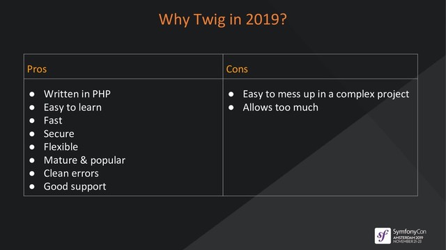 Why Twig in 2019?
Pros Cons
● Written in PHP
● Easy to learn
● Fast
● Secure
● Flexible
● Mature & popular
● Clean errors
● Good support
● Easy to mess up in a complex project
● Allows too much

