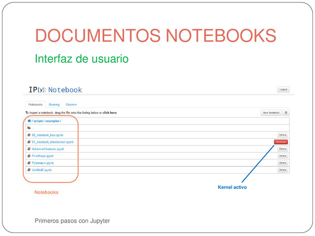 Primeros pasos con Jupyter
Interfaz de usuario
DOCUMENTOS NOTEBOOKS
Kernel activo
Notebooks
