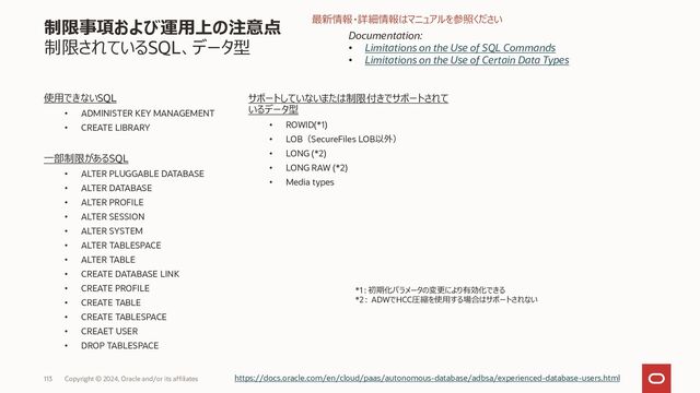 115 Copyright © 2023, Oracle and/or its affiliates
制限事項および運用上の注意点
制限されているPL/SQLパッケージ
使用できないPL/SQL パッケージ
• UTL_INADDR
• DBMS_LDAP
• UTL_TCP
• DBMS_DEBUG_JDWP
• DBMS_DEBUG_JDWP_CUSTOM
• SYS.DBMS_Serverless_POOL
一部制限があるPL/SQLパッケージ
• UTL_HTTP
• UTL_SMTP
Documentation:Notes on the Use of Database PL/SQL Packages
最新情報・詳細情報はマニュアルを参照ください
