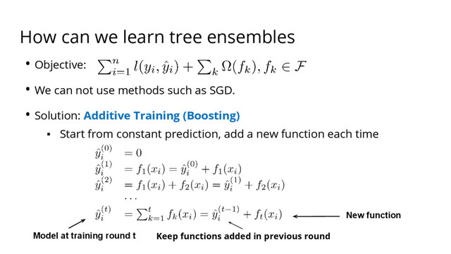 How can we learn tree ensembles
• Objective:
• We can not use methods such as SGD.
• Solution: Additive Training (Boosting)
▪ Start from constant prediction, add a new function each time
Model at training round t
New function
Keep functions added in previous round
