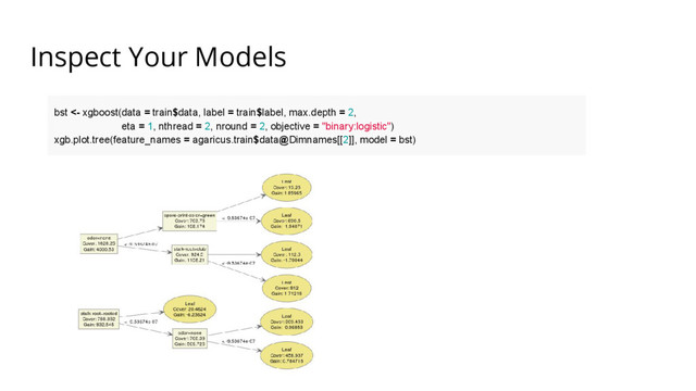 Inspect Your Models
bst <- xgboost(data = train$data, label = train$label, max.depth = 2,
eta = 1, nthread = 2, nround = 2, objective = "binary:logistic")
xgb.plot.tree(feature_names = agaricus.train$data@Dimnames[[2]], model = bst)
