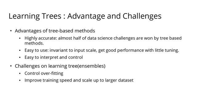 Learning Trees : Advantage and Challenges
• Advantages of tree-based methods
▪ Highly accurate: almost half of data science challenges are won by tree based
methods.
▪ Easy to use: invariant to input scale, get good performance with little tuning.
▪ Easy to interpret and control
• Challenges on learning tree(ensembles)
▪ Control over-fitting
▪ Improve training speed and scale up to larger dataset
