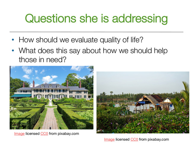 Questions she is addressing
• How should we evaluate quality of life?
• What does this say about how we should help
those in need?
Image licensed CC0 from pixabay.com
Image licensed CC0 from pixabay.com
