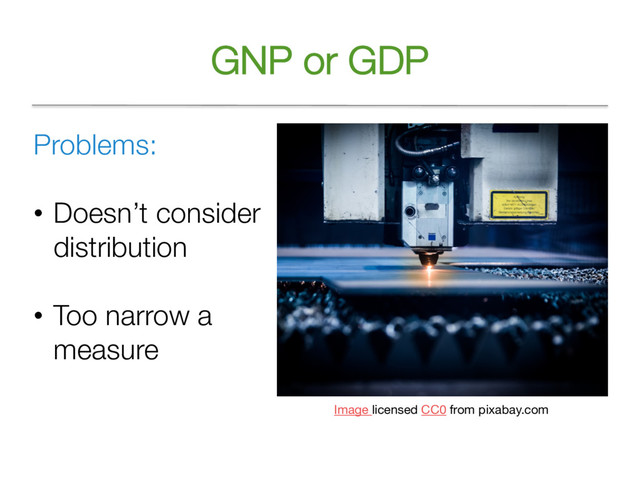 GNP or GDP
Problems:
• Doesn’t consider
distribution
• Too narrow a
measure
Image licensed CC0 from pixabay.com
