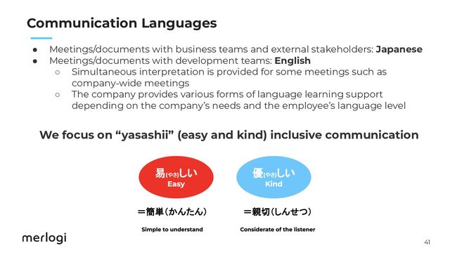41
　　
● Meetings/documents with business teams and external stakeholders: Japanese
● Meetings/documents with development teams: English
○ Simultaneous interpretation is provided for some meetings such as
company-wide meetings
○ The company provides various forms of language learning support
depending on the company’s needs and the employee’s language level
We focus on “yasashii” (easy and kind) inclusive communication
Communication Languages
