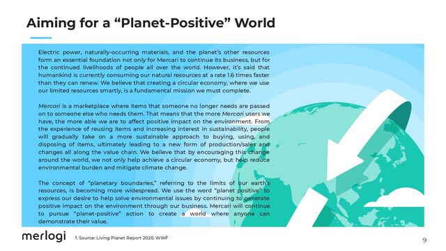9
　　
Aiming for a “Planet-Positive” World
Electric power, naturally-occurring materials, and the planet’s other resources
form an essential foundation not only for Mercari to continue its business, but for
the continued livelihoods of people all over the world. However, it’s said that
humankind is currently consuming our natural resources at a rate 1.6 times faster
than they can renew. We believe that creating a circular economy, where we use
our limited resources smartly, is a fundamental mission we must complete.
Mercari is a marketplace where items that someone no longer needs are passed
on to someone else who needs them. That means that the more Mercari users we
have, the more able we are to affect positive impact on the environment. From
the experience of reusing items and increasing interest in sustainability, people
will gradually take on a more sustainable approach to buying, using, and
disposing of items, ultimately leading to a new form of production/sales and
changes all along the value chain. We believe that by encouraging this change
around the world, we not only help achieve a circular economy, but help reduce
environmental burden and mitigate climate change.
The concept of “planetary boundaries,” referring to the limits of our earth’s
resources, is becoming more widespread. We use the word “planet positive” to
express our desire to help solve environmental issues by continuing to generate
positive impact on the environment through our business. Mercari will continue
to pursue “planet-positive” action to create a world where anyone can
demonstrate their value.
1. Source: Living Planet Report 2020, WWF
