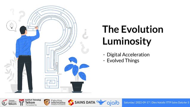 The Evolution
Luminosity
- Digital Acceleration
- Evolved Things
Saturday | 2022-09-17 | Dies Natalis ITTP Sains Data ke-3
