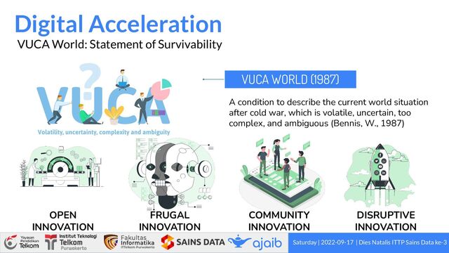 Digital Acceleration
Saturday | 2022-09-17 | Dies Natalis ITTP Sains Data ke-3
VUCA World: Statement of Survivability
A condition to describe the current world situation
after cold war, which is volatile, uncertain, too
complex, and ambiguous (Bennis, W., 1987)
VUCA WORLD (1987)
OPEN
INNOVATION
FRUGAL
INNOVATION
COMMUNITY
INNOVATION
DISRUPTIVE
INNOVATION
