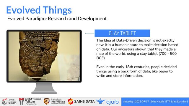 Evolved Things
Saturday | 2022-09-17 | Dies Natalis ITTP Sains Data ke-3
Evolved Paradigm: Research and Development
The Idea of Data-Driven decision is not exactly
new, it is a human nature to make decision based
on data. Our ancestors shown that they made a
map of the world, using a clay tablet (700 - 500
BCE)
Even in the early 18th centuries, people decided
things using a back form of data, like paper to
write and store information.
CLAY TABLET
