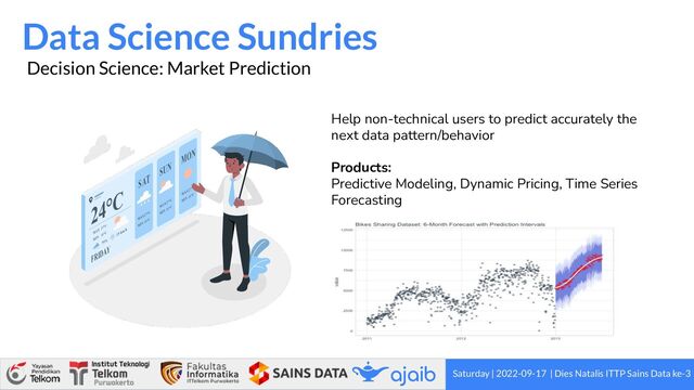 Saturday | 2022-09-17 | Dies Natalis ITTP Sains Data ke-3
Data Science Sundries
Decision Science: Market Prediction
Help non-technical users to predict accurately the
next data pattern/behavior
Products:
Predictive Modeling, Dynamic Pricing, Time Series
Forecasting

