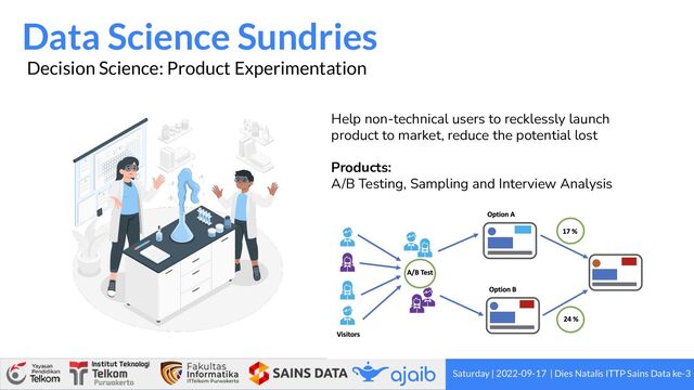 Saturday | 2022-09-17 | Dies Natalis ITTP Sains Data ke-3
Data Science Sundries
Decision Science: Product Experimentation
Help non-technical users to recklessly launch
product to market, reduce the potential lost
Products:
A/B Testing, Sampling and Interview Analysis
