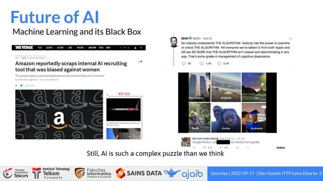 Saturday | 2022-09-17 | Dies Natalis ITTP Sains Data ke-3
Future of AI
Machine Learning and its Black Box
Still, AI is such a complex puzzle than we think
