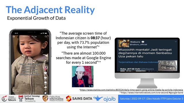 The Adjacent Reality
Saturday | 2022-09-17 | Dies Natalis ITTP Sains Data ke-3
Exponential Growth of Data
“The average screen time of
Indonesian citizen is 08:37 (hour)
per day, with 73.7% population
using the Internet”*
*https://www.statista.com/statistics/803524/daily-time-spent-using-online-media-by-activity-indonesia
**https://www.internetlivestats.com/one-second/#google-band
“There are almost 100.000
searches made at Google Engine
for every 1 second”**
