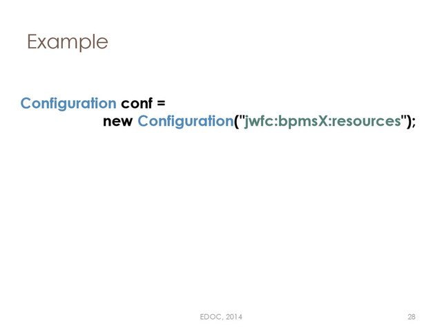 Example
Configuration conf =
new Configuration("jwfc:bpmsX:resources");
EDOC, 2014 28
