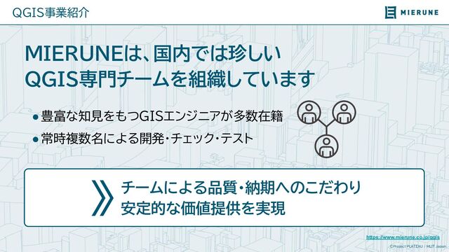 ©Project PLATEAU / MLIT Japan
MIERUNEは、国内では珍しい
QGIS専門チームを組織しています
QGIS事業紹介
●豊富な知見をもつGISエンジニアが多数在籍
●常時複数名に 開発・チェック・テスト
チームに 品質・納期へのこだわ
安定的な価値提供を実現
https://www.mierune.co.jp/qgis
