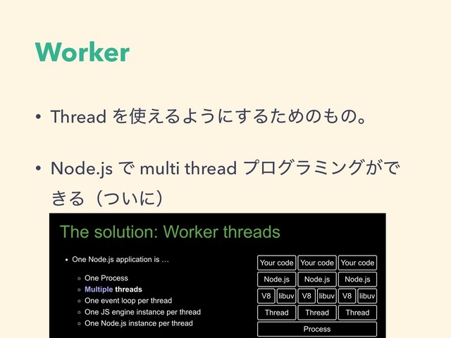Worker
• Thread Λ࢖͑ΔΑ͏ʹ͢ΔͨΊͷ΋ͷɻ
• Node.js Ͱ multi thread ϓϩάϥϛϯά͕Ͱ
͖Δʢ͍ͭʹʣ
