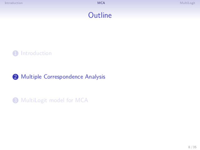 Introduction MCA MultiLogit
Outline
1 Introduction
2 Multiple Correspondence Analysis
3 MultiLogit model for MCA
8 / 35
