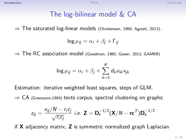 Introduction MCA MultiLogit
The log-bilinear model & CA
⇒ The saturated log-linear models (Christensen, 1990; Agresti, 2013).
log µij = αi + βj + Γij
⇒ The RC association model (Goodman, 1985; Gower, 2011; GAMMI)
log µij = αi + βj +
K
k=1
dkuikvjk
Estimation: iterative weighted least squares, steps of GLM.
⇒ CA (Greenacre,1984) texts corpus, spectral clustering on graphs:
zij =
xij/N − ri cj
√
ri cj
i.e. Z = D−1/2
r (X/N − rcT )D−1/2
c
if X adjacency matrix, Z is symmetric normalized graph Laplacian
6 / 35
