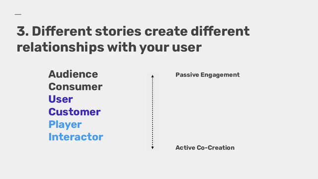 3. Different stories create different
relationships with your user
Audience
Consumer
User
Customer
Player
Interactor
Passive Engagement
Active Co-Creation
