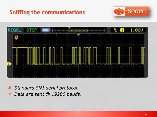 26
Sniffing the communications
# Standard 8N1 serial protocol.
# Data are sent @ 19200 bauds.
