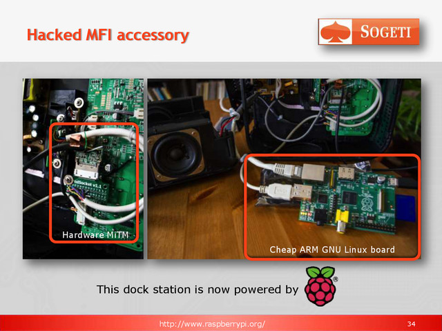 34
Hacked MFI accessory
This dock station is now powered by
http://www.raspberrypi.org/
Cheap ARM GNU Linux board
Hardware MiTM
