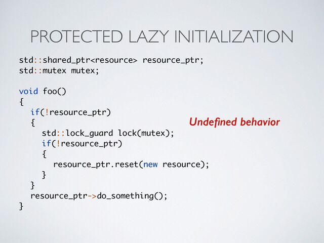PROTECTED LAZY INITIALIZATION
std::shared_ptr resource_ptr;
std::mutex mutex
;

void foo(
)

{

if(!resource_ptr
)

{

std::lock_guard lock(mutex)
;

if(!resource_ptr
)

{

resource_ptr.reset(new resource)
;

}

}

resource_ptr->do_something()
;

}
Unde
fi
ned behavior
