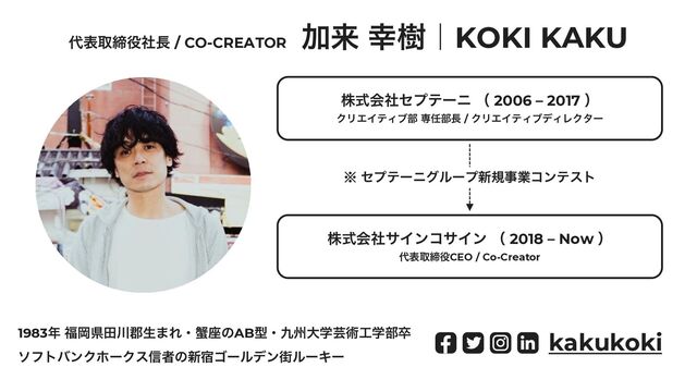 ୅දऔక໾ࣾ௕ / CO-CREATOR
Ճདྷ ޾थʛKOKI KAKU
1983೥ ෱Ԭݝా઒܊ੜ·Εɾֈ࠲ͷABܕɾ۝भେֶܳज़޻ֶ෦ଔ
ιϑτόϯΫϗʔΫε৴ऀͷ৽॓ΰʔϧσϯ֗ϧʔΩʔ
גࣜձࣾηϓςʔχ ʢ 2006 – 2017 ʣ
ΫϦΤΠςΟϒ෦ ઐ೚෦௕ / ΫϦΤΠςΟϒσΟϨΫλʔ
※ ηϓςʔχάϧʔϓ৽نࣄۀίϯςετ
גࣜձࣾαΠϯίαΠϯ ʢ 2018 – Now ʣ
୅දऔక໾CEO / Co-Creator
kakukoki
