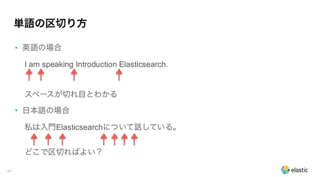 ୯ޠͷ۠੾Γํ
• ӳޠͷ৔߹
I am speaking Introduction Elasticsearch.
 
 
εϖʔε͕੾Ε໨ͱΘ͔Δ
• ೔ຊޠͷ৔߹
ࢲ͸ೖ໳Elasticsearchʹ͍ͭͯ࿩͍ͯ͠Δɻ 
Ͳ͜Ͱ۠੾Ε͹Α͍ʁ
64
