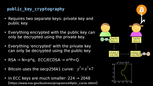 public_key_cryptography
• Requires two separate keys: private key and
public key.
• Everything encrypted with the public key can
only be decrypted using the private key.
• Everything 'encrypted' with the private key
can only be decrypted using the public key.
• RSA → N=p*q, ECC/ECDSA → n*P=Q
• Bitcoin uses the secp256k1 curve:
• In ECC keys are much smaller: 224 → 2048
(https://www.nsa.gov/business/programs/elliptic_curve.shtml)
y2=x3+7

