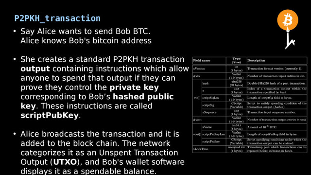 P2PKH_transaction
• Say Alice wants to send Bob BTC.
Alice knows Bob's bitcoin address
• She creates a standard P2PKH transaction
output containing instructions which allow
anyone to spend that output if they can
prove they control the private key
corresponding to Bob’s hashed public
key. These instructions are called
scriptPubKey.
• Alice broadcasts the transaction and it is
added to the block chain. The network
categorizes it as an Unspent Transaction
Output (UTXO), and Bob's wallet software
displays it as a spendable balance.
