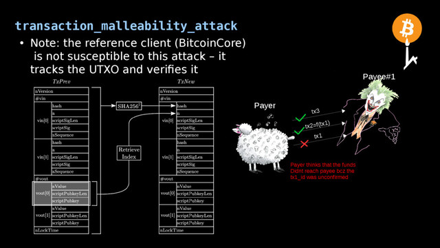 transaction_malleability_attack
Payer
Payee#1
• Note: the reference client (BitcoinCore)
is not susceptible to this attack – it
tracks the UTXO and verifies it
tx2=f(tx1)
tx1
tx3
Payer thinks that the funds
Didnt reach payee bcz the
tx1_id was unconfirmed

