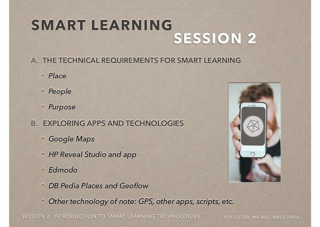 SMART LEARNING
A. THE TECHNICAL REQUIREMENTS FOR SMART LEARNING
Place
People
Purpose
SESSION 2: INTRODUCTION TO SMART LEARNING TECHNOLOGIES
SESSION 2
PEN LISTER, MA MSC MBCS FHEA
B. EXPLORING APPS AND TECHNOLOGIES
Google Maps
HP Reveal Studio and app
Edmodo
DB Pedia Places and Geoﬂow
Other technology of note: GPS, other apps, scripts, etc.
