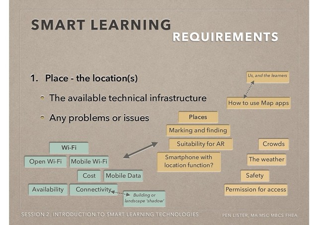 1. Place - the location(s)
The available technical infrastructure
Any problems or issues
SMART LEARNING
REQUIREMENTS
Building or
landscape ‘shadow’
Wi-Fi
Mobile Data
Cost
Connectivity
Availability
Open Wi-Fi Mobile Wi-Fi
Places
Marking and ﬁnding
Permission for access
Suitability for AR
The weather
Smartphone with
location function?
Safety
How to use Map apps
SESSION 2: INTRODUCTION TO SMART LEARNING TECHNOLOGIES PEN LISTER, MA MSC MBCS FHEA
Us, and the learners
Crowds
