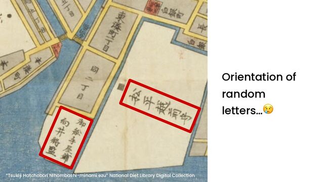 “Tsukiji Hatchobori Nihombashi-minami ezu” National Diet Library Digital Collection
Orientation of
random
letters…😢
