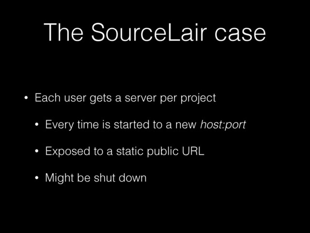 The SourceLair case
• Each user gets a server per project
• Every time is started to a new host:port
• Exposed to a static public URL
• Might be shut down
