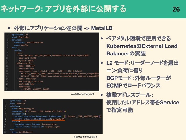 ネットワーク: アプリを外部に公開する
• 外部にアプリケーションを公開 -> MetalLB
26
• ベアメタル環境で使用できる
KubernetesのExternal Load
Balancerの実装
• L2 モード：リーダーノードを選出
＝＞負荷に偏り
BGPモード：外部ルーターが
ECMPでロードバランス
• 複数アドレスプール：
使用したいアドレス帯をService
で指定可能
metallb-conﬁg.yaml
ingress-service.yaml
