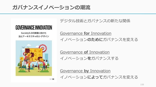 ガバナンスイノベーションの潮流
デジタル技術とガバナンスの新たな関係
Governance for Innovation
イノベーションのためにガバナンスを変える
Governance of Innovation
イノベーションをガバナンスする
Governance by Innovation
イノベーションによってガバナンスを変える
155
