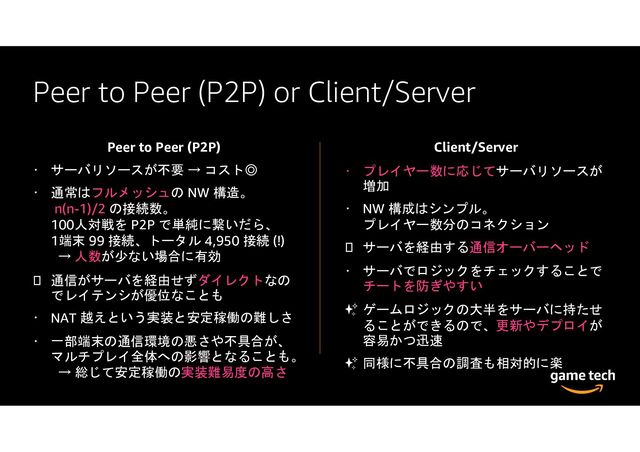 Peer to Peer (P2P) or Client/Server
Peer to Peer (P2P)
サーバリソースが不要 → コスト◎
通常はフルメッシュの NW 構造。
n(n-1)/2 の接続数。
100人対戦を P2P で単純に繋いだら、
1端末 99 接続、トータル 4,950 接続 (!)
→ 人数が少ない場合に有効
通信がサーバを経由せずダイレクトなの
でレイテンシが優位なことも
NAT 越えという実装と安定稼働の難しさ
一部端末の通信環境の悪さや不具合が、
マルチプレイ全体への影響となることも。
→ 総じて安定稼働の実装難易度の高さ
Client/Server
プレイヤー数に応じてサーバリソースが
増加
NW 構成はシンプル。
プレイヤー数分のコネクション
サーバを経由する通信オーバーヘッド
サーバでロジックをチェックすることで
チートを防ぎやすい
✨ ゲームロジックの大半をサーバに持たせ
ることができるので、更新やデプロイが
容易かつ迅速
✨ 同様に不具合の調査も相対的に楽
