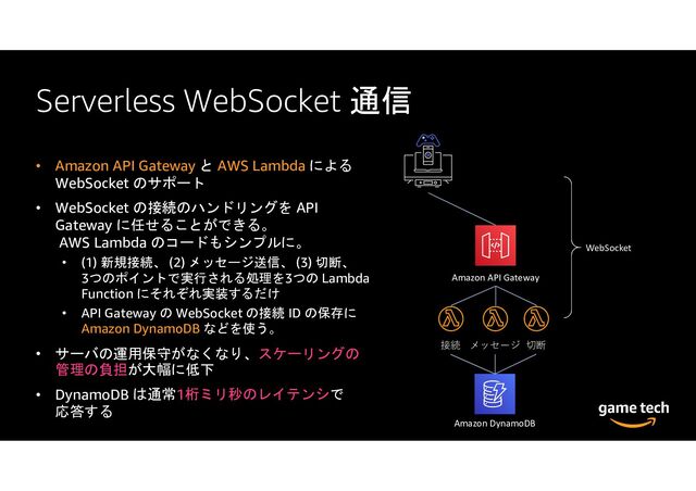 Serverless WebSocket 通信
• Amazon API Gateway と AWS Lambda による
WebSocket のサポート
• WebSocket の接続のハンドリングを API
Gateway に任せることができる。
AWS Lambda のコードもシンプルに。
• (1) 新規接続、 (2) メッセージ送信、 (3) 切断、
3つのポイントで実行される処理を3つの Lambda
Function にそれぞれ実装するだけ
• API Gateway の WebSocket の接続 ID の保存に
Amazon DynamoDB などを使う。
• サーバの運用保守がなくなり、スケーリングの
管理の負担が大幅に低下
• DynamoDB は通常1桁ミリ秒のレイテンシで
応答する
WebSocket
Amazon API Gateway
メッセージ
Amazon DynamoDB
接続 切断
