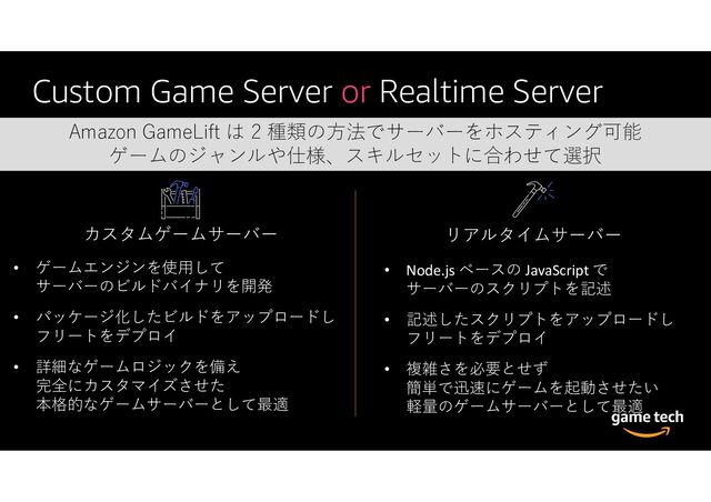 Custom Game Server or Realtime Server
Amazon GameLift は 2 種類の方法でサーバーをホスティング可能
ゲームのジャンルや仕様、スキルセットに合わせて選択
カスタムゲームサーバー
• ゲームエンジンを使用して
サーバーのビルドバイナリを開発
• パッケージ化したビルドをアップロードし
フリートをデプロイ
• 詳細なゲームロジックを備え
完全にカスタマイズさせた
本格的なゲームサーバーとして最適
リアルタイムサーバー
• Node.js ベースの JavaScript で
サーバーのスクリプトを記述
• 記述したスクリプトをアップロードし
フリートをデプロイ
• 複雑さを必要とせず
簡単で迅速にゲームを起動させたい
軽量のゲームサーバーとして最適
